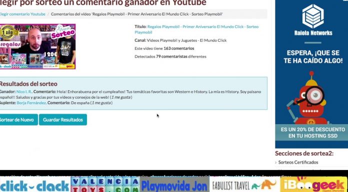 Sorteo Playmobil Aniversio el Mundo Click – Resultado Sorteo con comentarios de Youtube