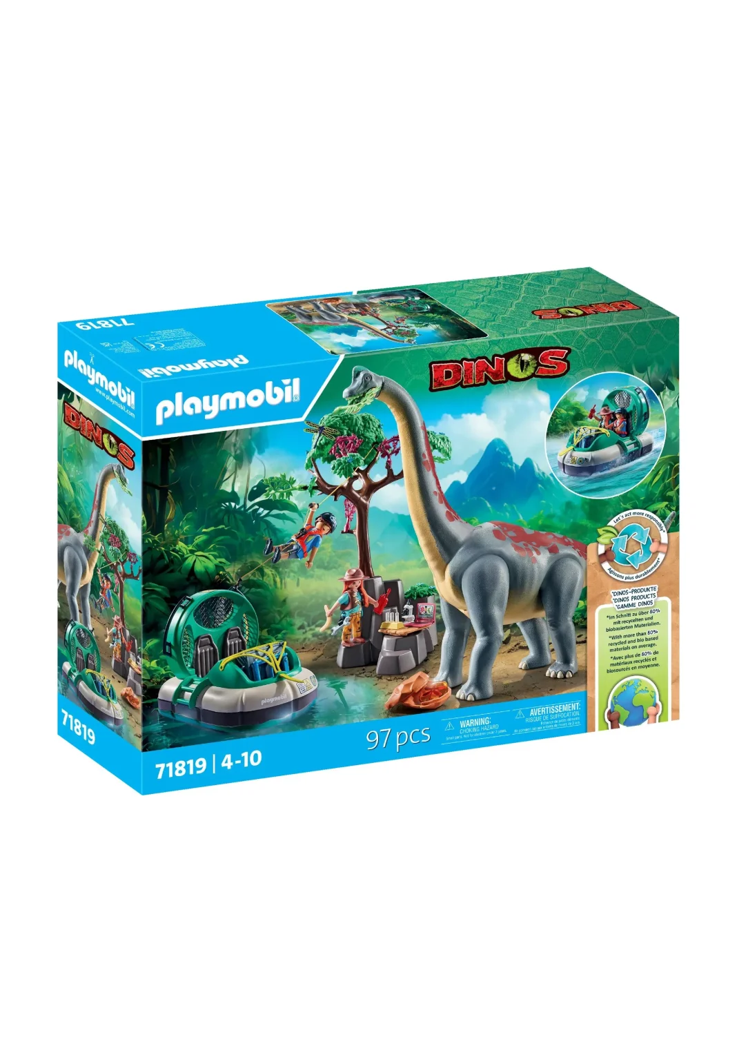 playmobil 71819 archaeologists in a hovercraft with brachiosaurus