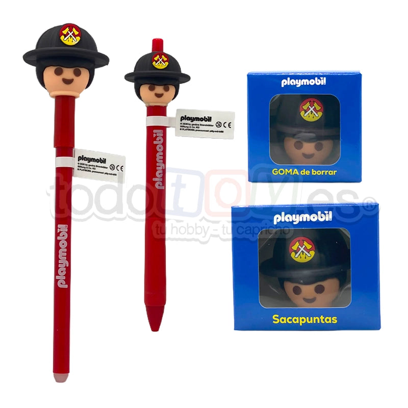 Playmobil Lotes de Papelería Playmobil: bolígrafo, lápiz infinito, goma y sacapuntas 1 Lote papelería Playmobil bombero policía princesa