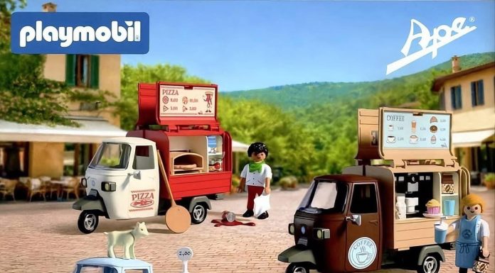 Playmobil Ape 2027: pizzería, cafetería y tienda sobre un Piaggio Ape Playmobil Piaggio Ape 2027: pizzería 72181, cafetería 72182 y tienda 72183